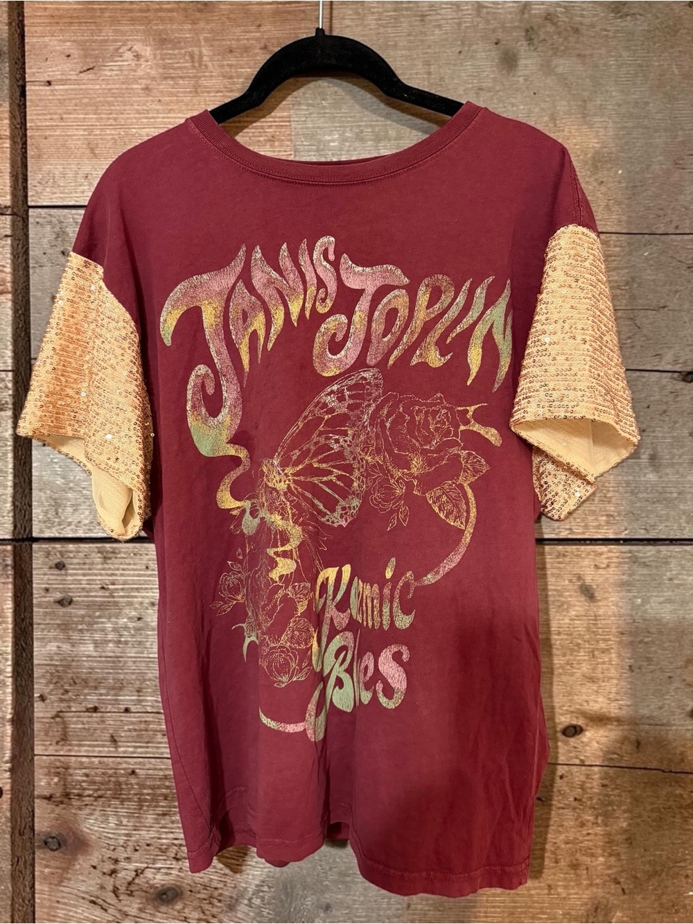 Janis Joplin Kozmic Blues Band Tee Champagne Sequin Sleeves Concert Western Glam